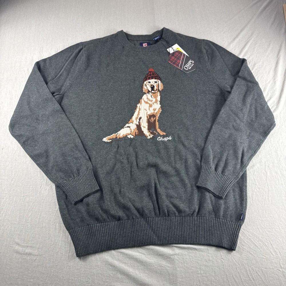 Chaps Christmas Sweater Mens L Gray Golden Retriever Dog Holiday Sweatshirt NEW